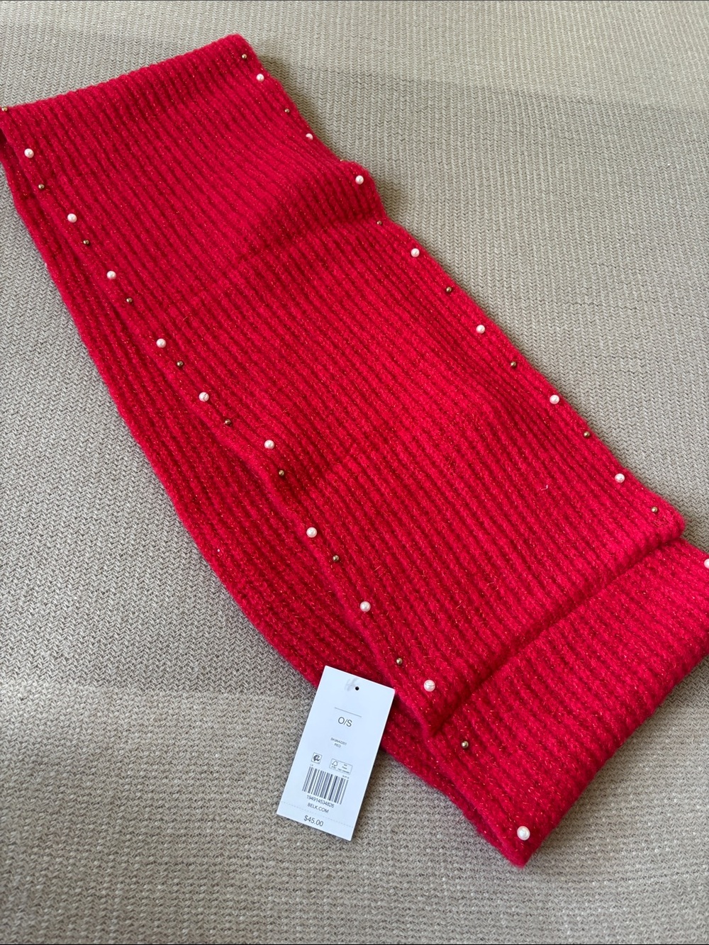 crown & ivy Red Ribbed Knit Infinity Scarf with Pearl and Bead Accents